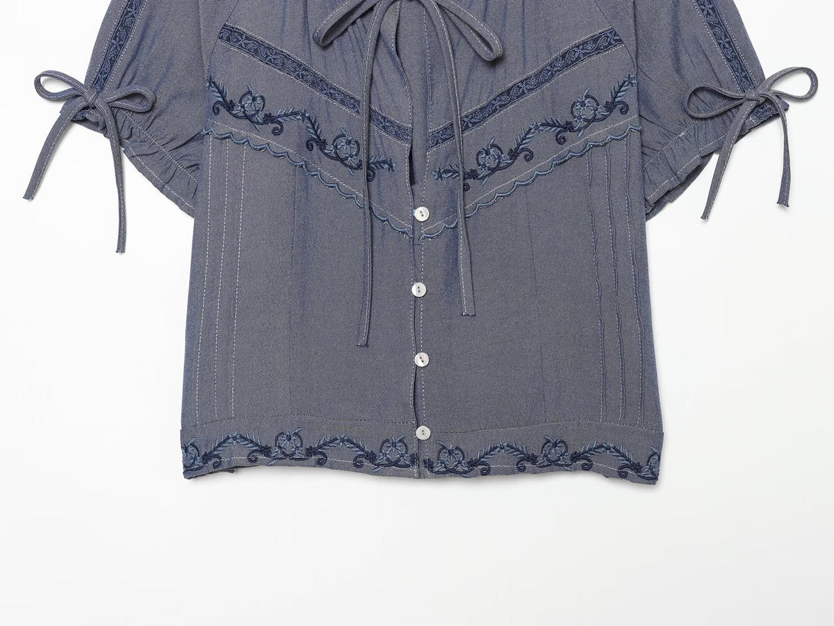 Women's bow decoration embroidered shirt